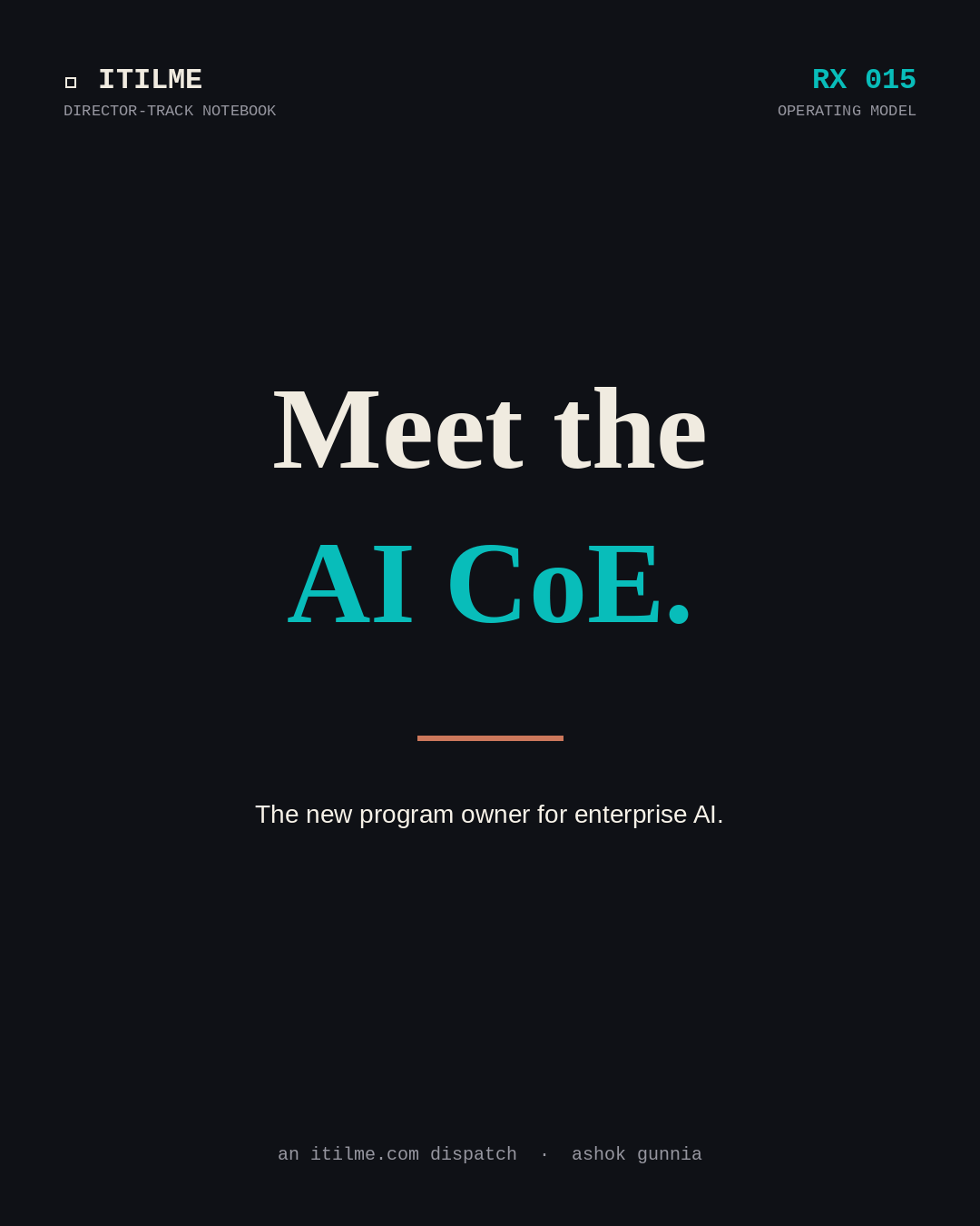 Animated overview: the AI Center of Excellence, its five members, and the setup timeline for standing one up.