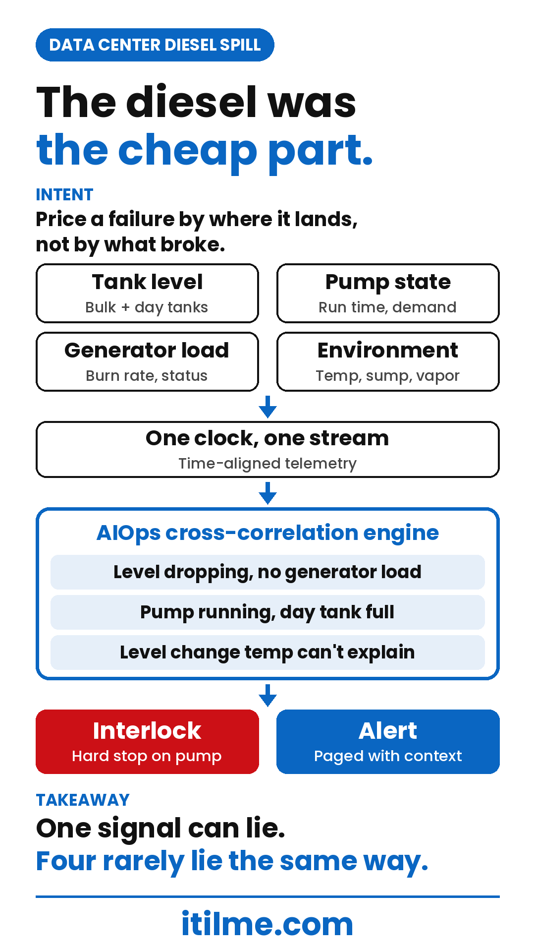 Architecture diagram. Four sensor sources — tank level, pump state, generator load and environment — feed a time-aligned telemetry layer. That feeds an AIOps cross-correlation engine with three rules: level dropping with no generator load, pump running while the day tank is full, and a level change that temperature cannot explain. The engine drives an independent interlock that hard stops the pump and pages an operator with context.